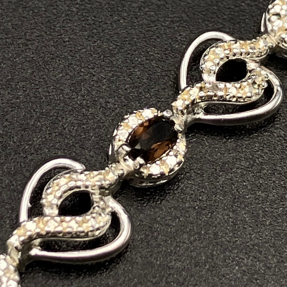 Sterling Silver Smoky Quartz Bracelet Heart Motif Rhodium Plated Signed Size 7.5 - Picture 7 of 13